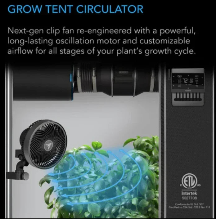 Cloudray Series, Ultra-Compact Grow Tent Clip Fan with Long-Life EC Motor, 10-Level Dynamic Fan Speeds, 10-Level Auto