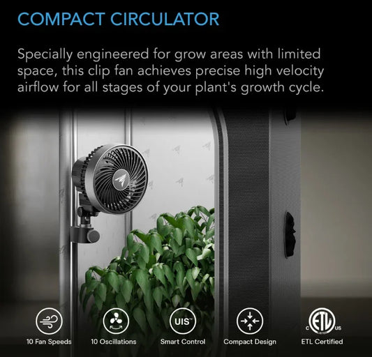 Cloudray Series, Ultra-Compact Grow Tent Clip Fan with Long-Life EC Motor, 10-Level Dynamic Fan Speeds, 10-Level Auto