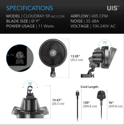 Cloudray Series, Ultra-Compact Grow Tent Clip Fan with Long-Life EC Motor, 10-Level Dynamic Fan Speeds, 10-Level Auto