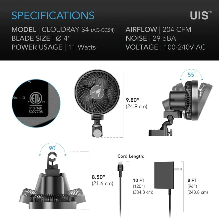 Cloudray Series, Ultra-Compact Grow Tent Clip Fan with Long-Life EC Motor, 10-Level Dynamic Fan Speeds, 10-Level Auto
