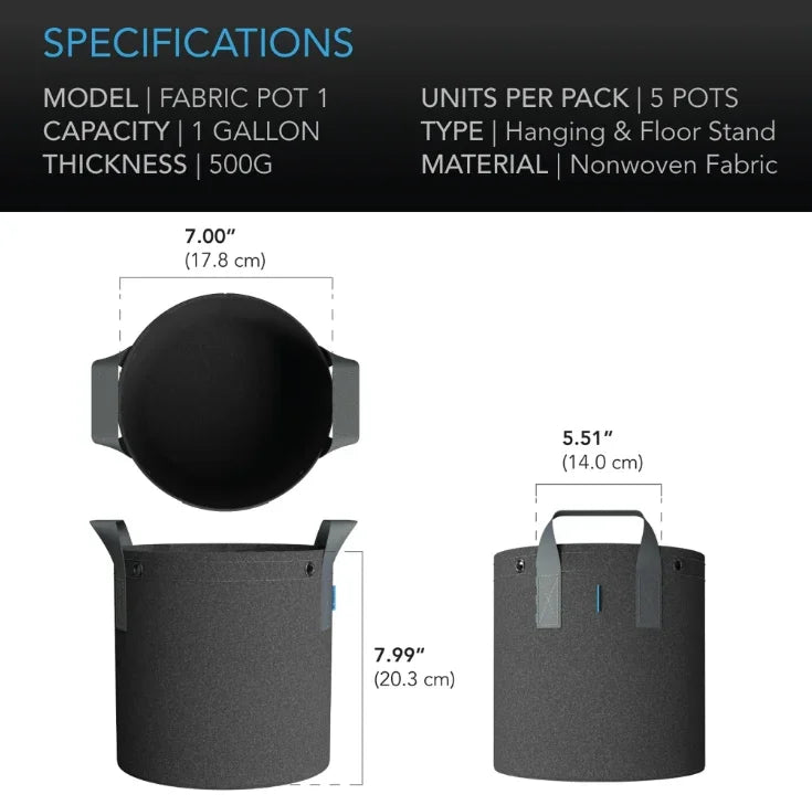 Heavy Duty Reusable Fabric Pots (5 Pack) Reusable garden grow bags designed to improve plant growth by air pruning roots and
