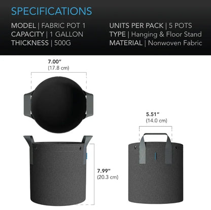 Heavy Duty Reusable Fabric Pots (5 Pack) Reusable garden grow bags designed to improve plant growth by air pruning roots and
