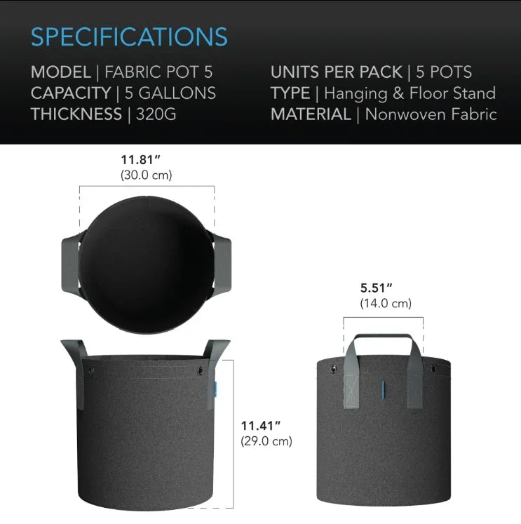 Heavy Duty Reusable Fabric Pots (5 Pack) Reusable garden grow bags designed to improve plant growth by air pruning roots and
