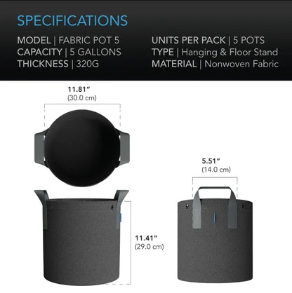 Heavy Duty Reusable Fabric Pots (5 Pack) Reusable garden grow bags designed to improve plant growth by air pruning roots and