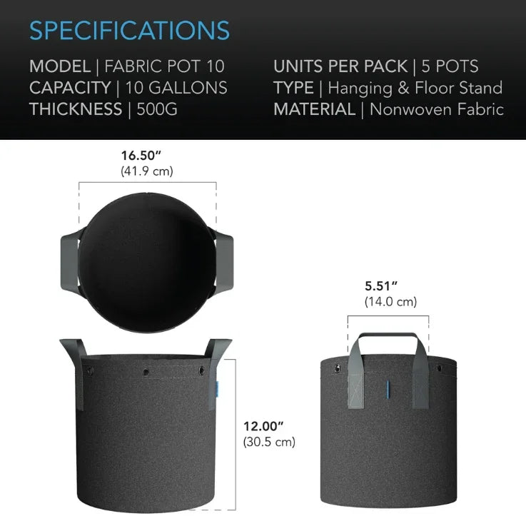 Heavy Duty Reusable Fabric Pots (5 Pack) Reusable garden grow bags designed to improve plant growth by air pruning roots and