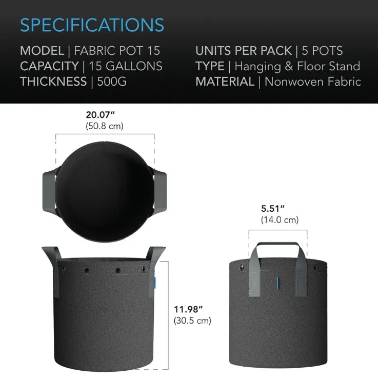 Heavy Duty Reusable Fabric Pots (5 Pack) Reusable garden grow bags designed to improve plant growth by air pruning roots and