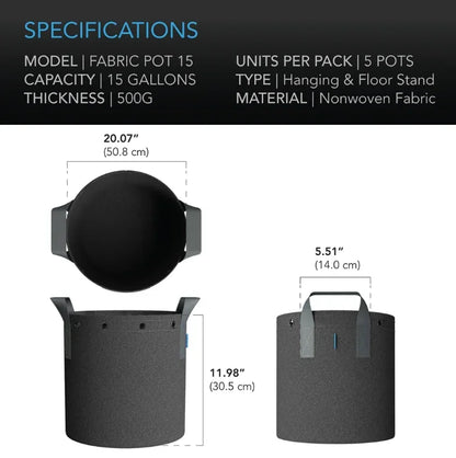 Heavy Duty Reusable Fabric Pots (5 Pack) Reusable garden grow bags designed to improve plant growth by air pruning roots and