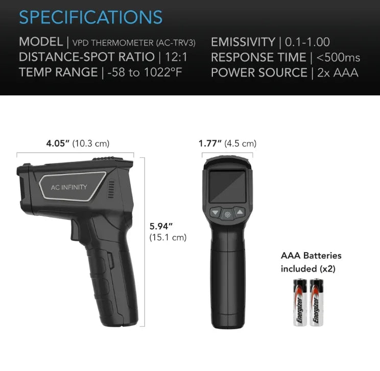 AC Infinity VPD Thermometer A highly innovative laser thermometer gun designed to instantly measure leaf VPD, air VPD,