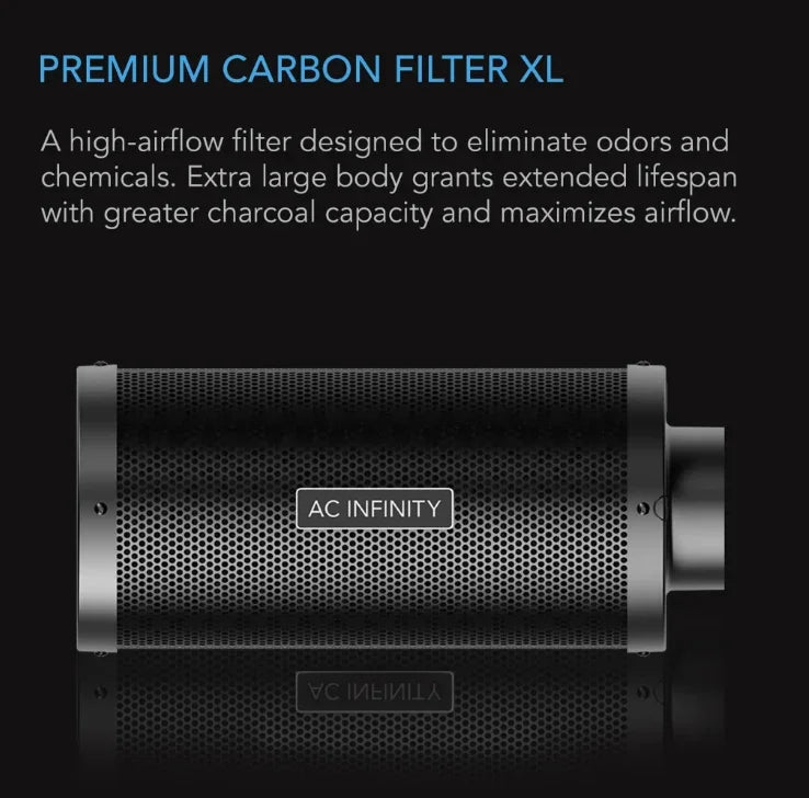 AC Infinity XL Carbon Filters A high-airflow inline duct filter designed to eliminate odours and chemicals, most used in