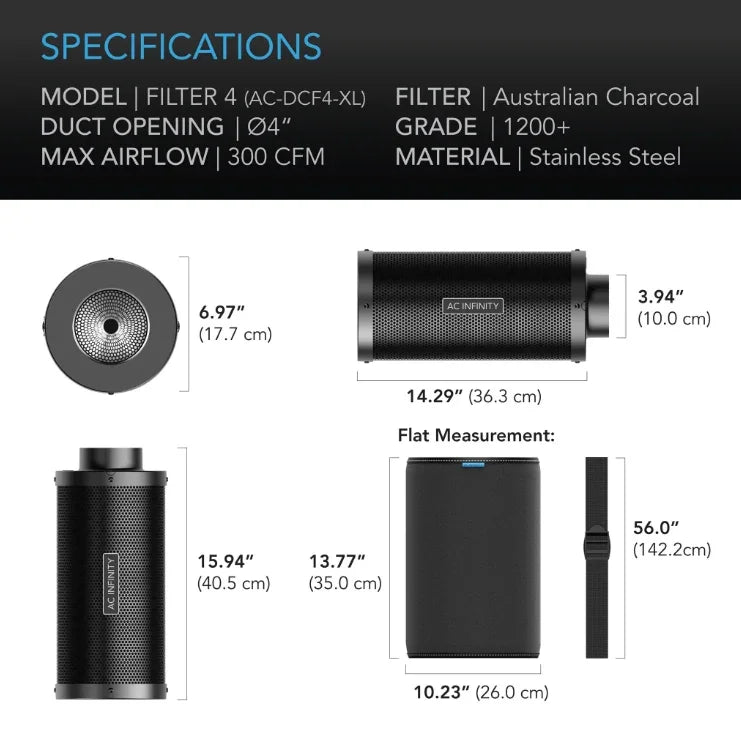 AC Infinity XL Carbon Filters A high-airflow inline duct filter designed to eliminate odours and chemicals, most used in