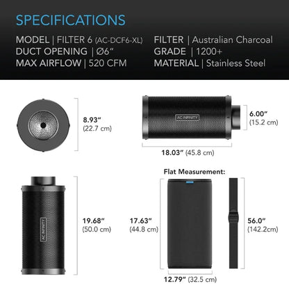 AC Infinity XL Carbon Filters A high-airflow inline duct filter designed to eliminate odours and chemicals, most used in