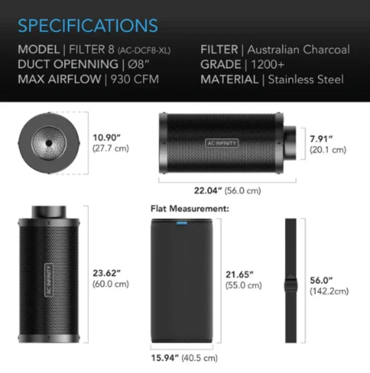 AC Infinity XL Carbon Filters A high-airflow inline duct filter designed to eliminate odours and chemicals, most used in