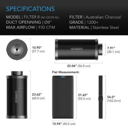 AC Infinity XL Carbon Filters A high-airflow inline duct filter designed to eliminate odours and chemicals, most used in