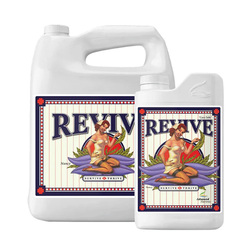 Two white plastic bottles of REVIVE hydroponic nutrients in different sizes.