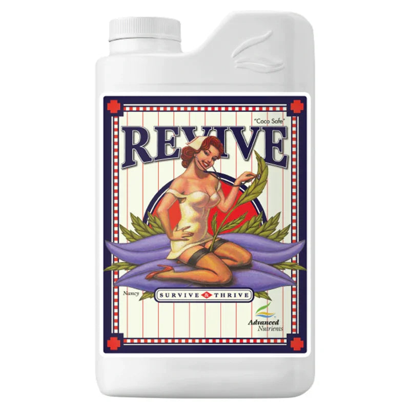 Bottle of Advanced Nutrients Revive hydroponic supplement with pin-up girl illustration