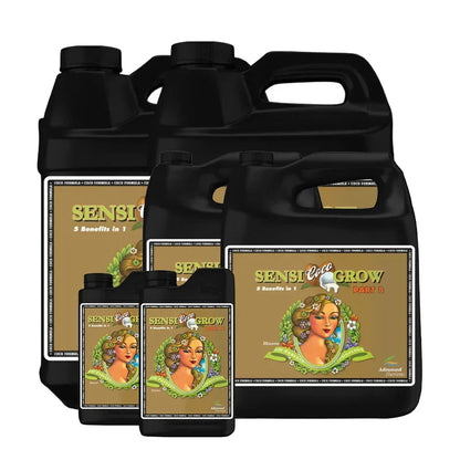 Set of SensiGrow Coco hydroponic nutrient bottles in various sizes