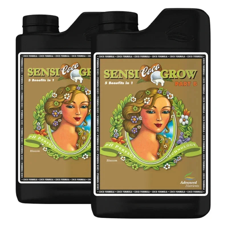 Two bottles of Advanced Nutrients SensiGrow Coco Part B hydroponic nutrients.