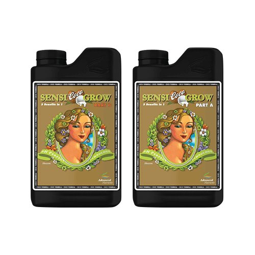 Two bottles of Advanced Nutrients Sensi Grow Part A and Part B coco hydroponic nutrients.