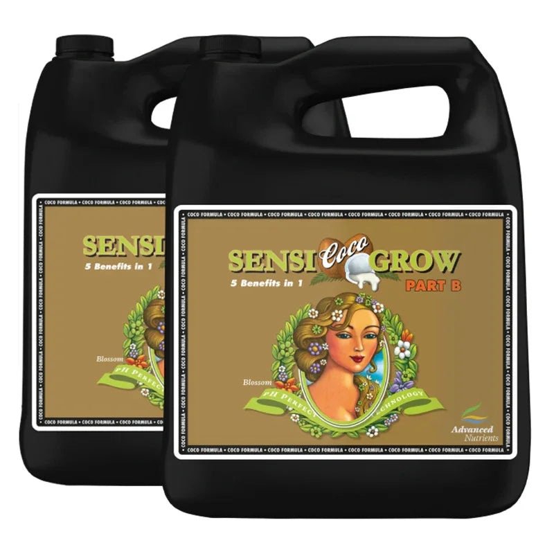 Two bottles of Sensi Grow Part B coco nutrient formula for hydroponic plants.