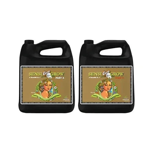 Two black jugs of Sensi Grow Part A and Part B hydroponic nutrients