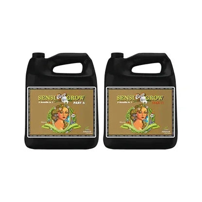 Two black jugs of Sensi Grow Part A and Part B hydroponic nutrients