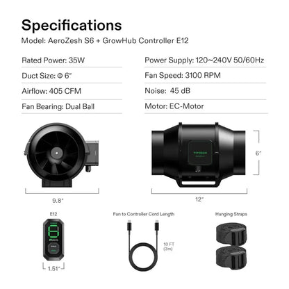 AeroZesh Inline EC Fan - S4 Inline EC Fan 4″ (353 m³/hr) + E12 Controller - DiscountHydro.com - 88.99 - Fans & Filters > Fan Controllers, Fans & Filters > Inline / Intake Fans, Vivosun
