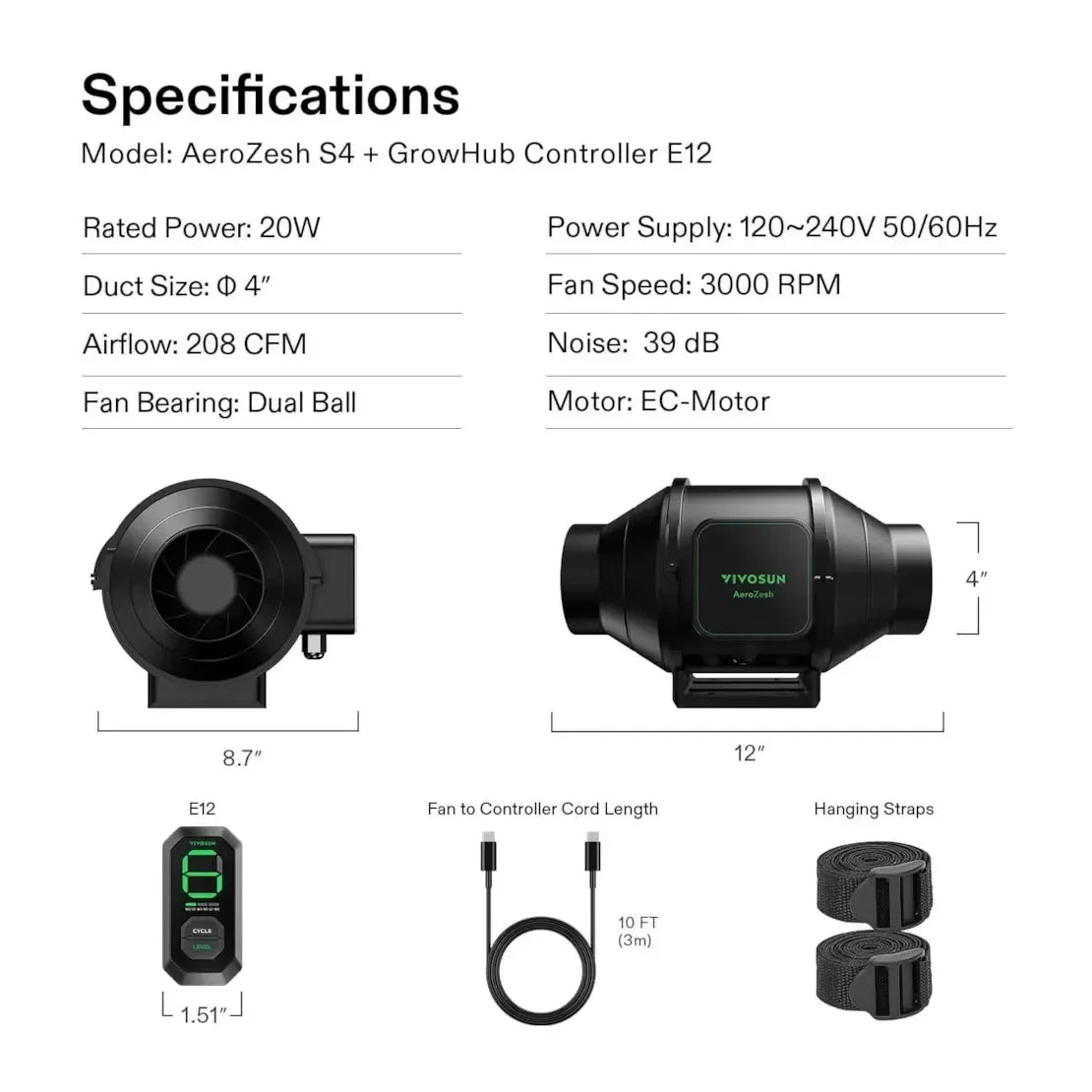 AeroZesh Inline EC Fan - S4 Inline EC Fan 4″ (353 m³/hr) + E12 Controller - DiscountHydro.com - 88.99 - Fans & Filters > Fan Controllers, Fans & Filters > Inline / Intake Fans, Vivosun