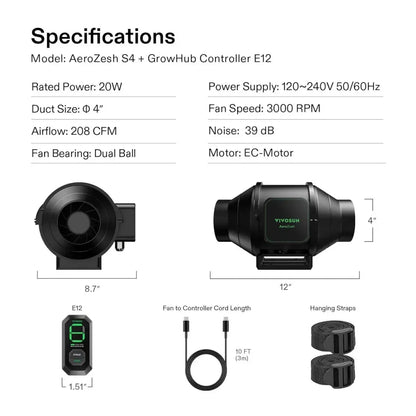 AeroZesh Inline EC Fan - S4 Inline EC Fan 4″ (353 m³/hr) + E12 Controller - DiscountHydro.com - 88.99 - Fans & Filters > Fan Controllers, Fans & Filters > Inline / Intake Fans, Vivosun