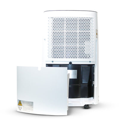 White dehumidifier with open door on a white background