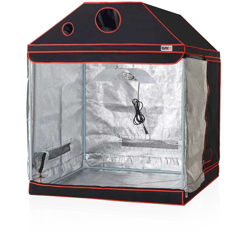 BAY6 grow tent with durable poles and 95% reflective mylar interior, featuring drawstring ports for ducting and cabling.
