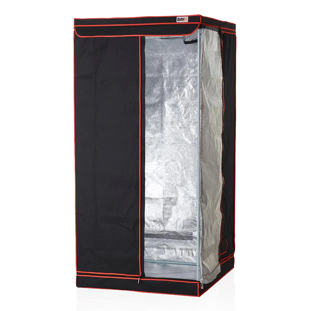 BAY6 grow tent with durable poles and 95% reflective mylar interior, featuring drawstring ports for ducting and cabling.