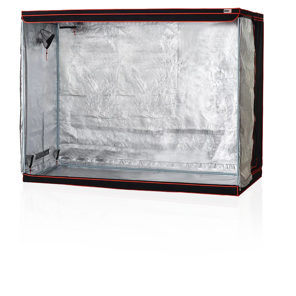 BAY6 grow tent with durable poles and 95% reflective mylar interior, featuring drawstring ports for ducting and cabling.
