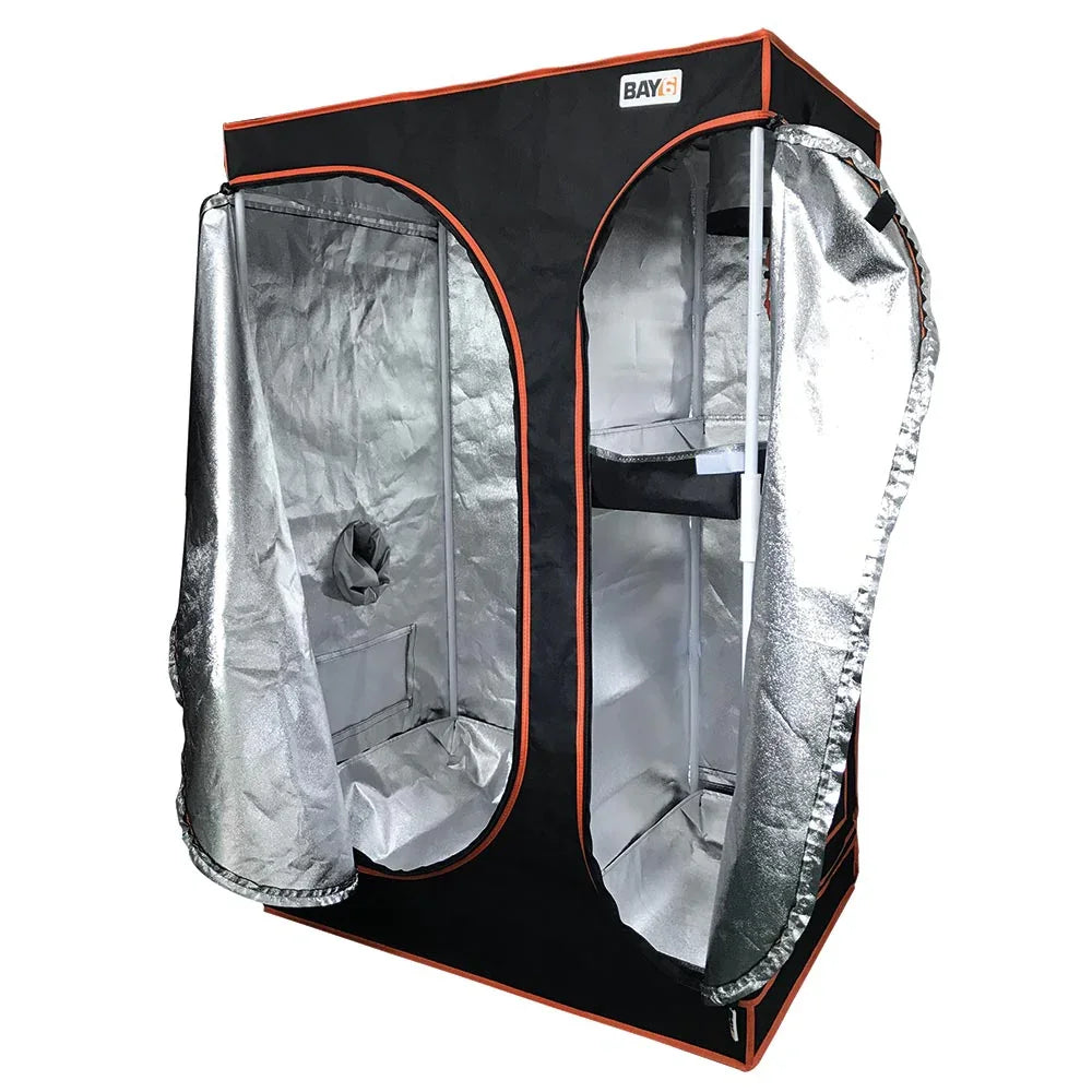 BAY6 grow tent with durable poles and 95% reflective mylar interior, featuring drawstring ports for ducting and cabling.
