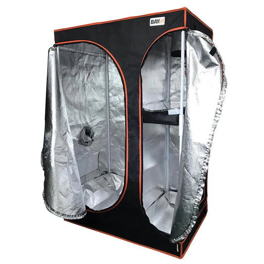 BAY6 grow tent with durable poles and 95% reflective mylar interior, featuring drawstring ports for ducting and cabling.