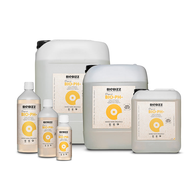 Collection of BioBizz pH control products on a white background