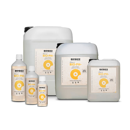 Collection of BioBizz pH control products on a white background