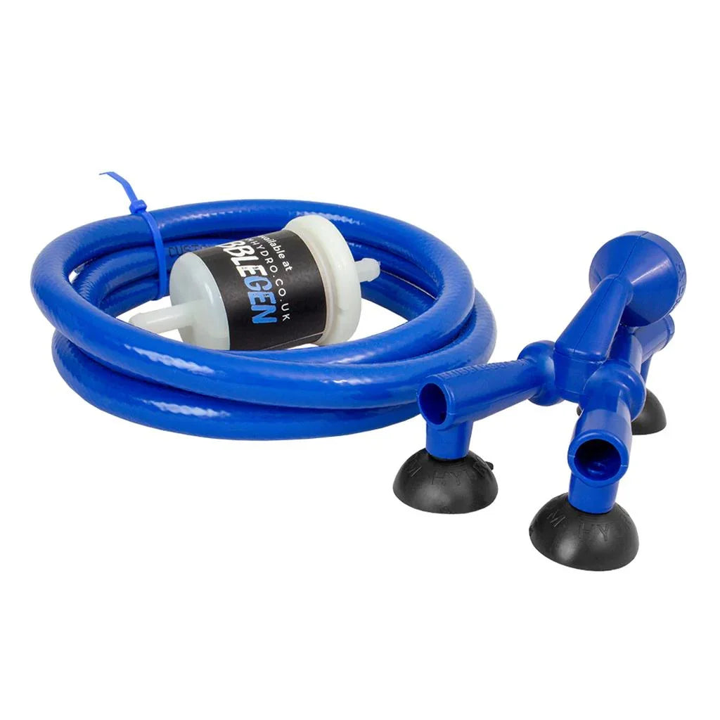 Blue hydroponic air stone tubing kit with air pump connector and outlet manifolds