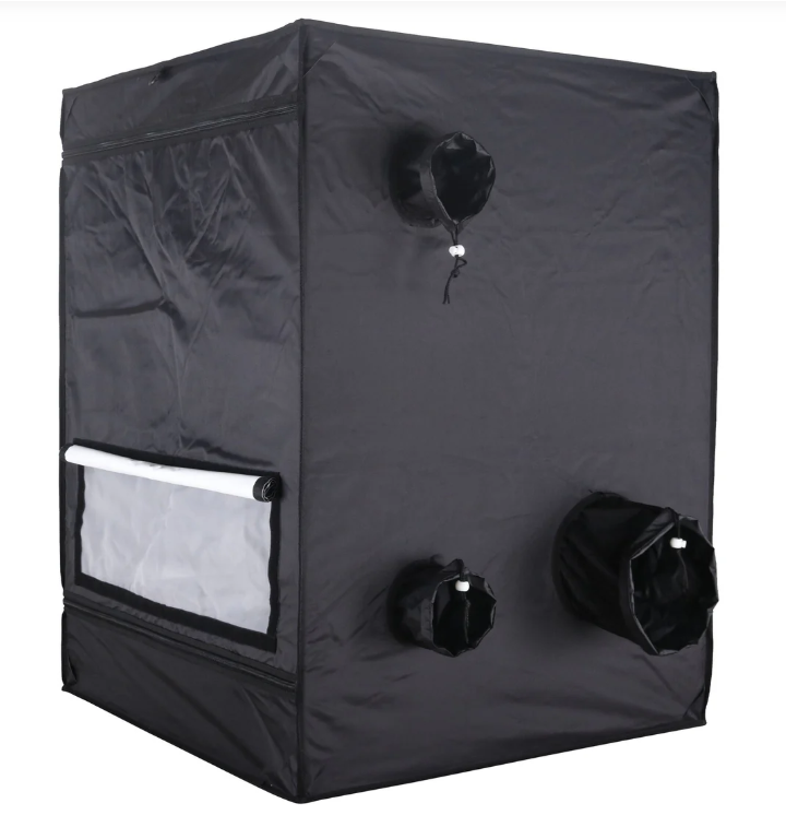 Black grow tent with ventilation ports on a white background