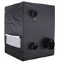 Black grow tent with ventilation ports on a white background