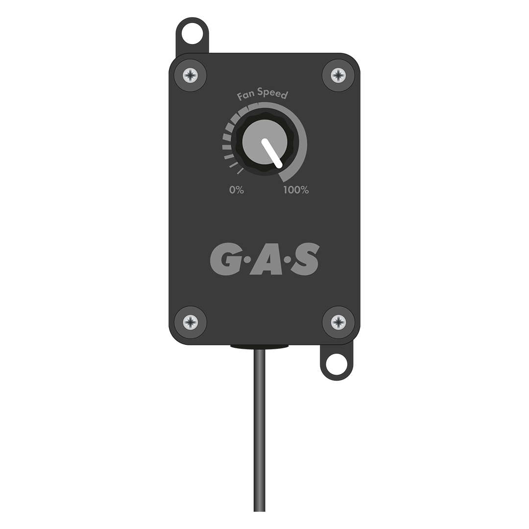 Black fan speed controller with GAS logo on a white background