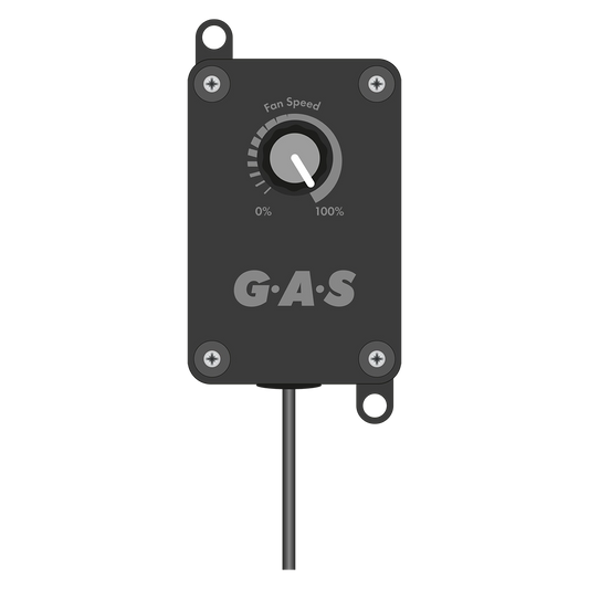 Black fan speed controller with GAS logo on a white background