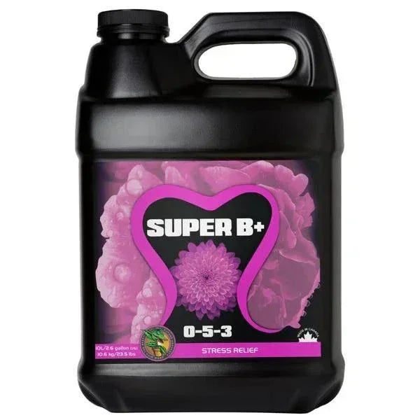 Super B+ stress relief plant nutrient supplement in a black gallon container