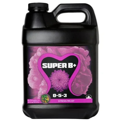 Super B+ stress relief plant nutrient supplement in a black gallon container