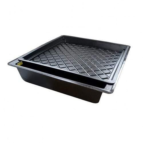 Black plastic tray with grid pattern on a white background