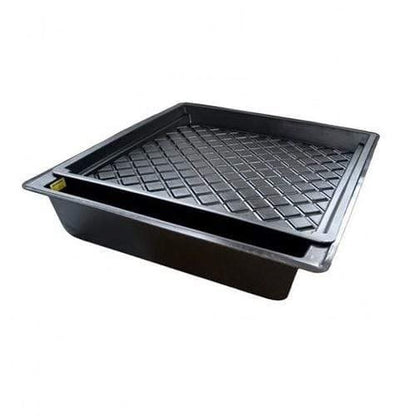 Black plastic tray with grid pattern on a white background