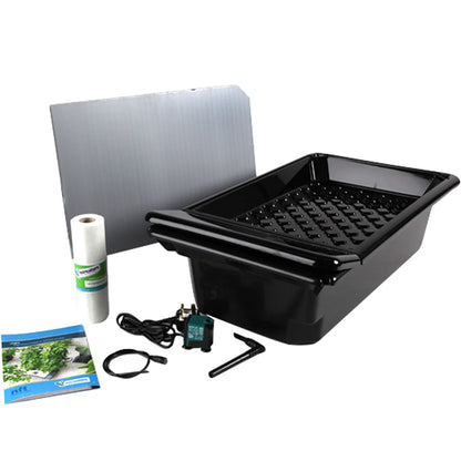 Black hydroponic grow kit with tray, cable, power adapter, and other components on a white background.