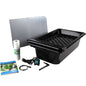 Black hydroponic grow kit with tray, cable, power adapter, and other components on a white background.