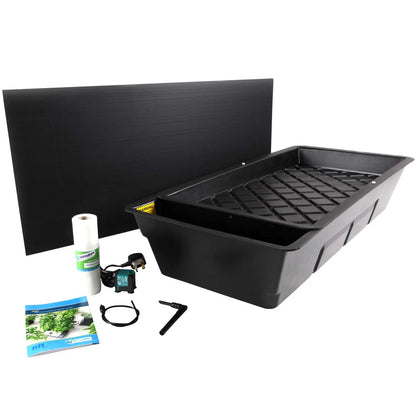 Black hydroponic grow kit with components on a white background