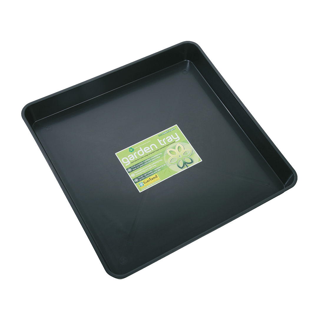 Black garden tray with a label on a white background