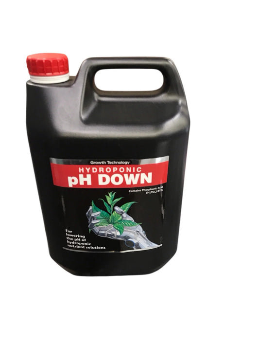 Growth Technology pH Down is a concentrated phosphoric acid solution used to lower the pH of your nutrient solution. This 5L